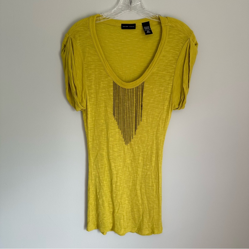 NY&C Y2K Neon Yellow Vintage Short Sleeve built in necklace Top